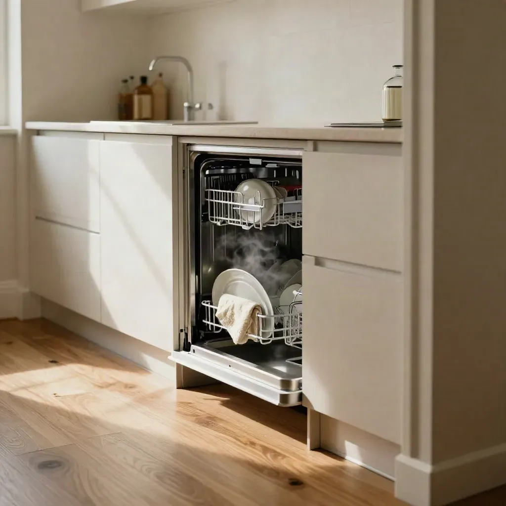 Lavastoviglie slim aperta in cucina stretta, con piatti chiari e vapore nel corridoio.