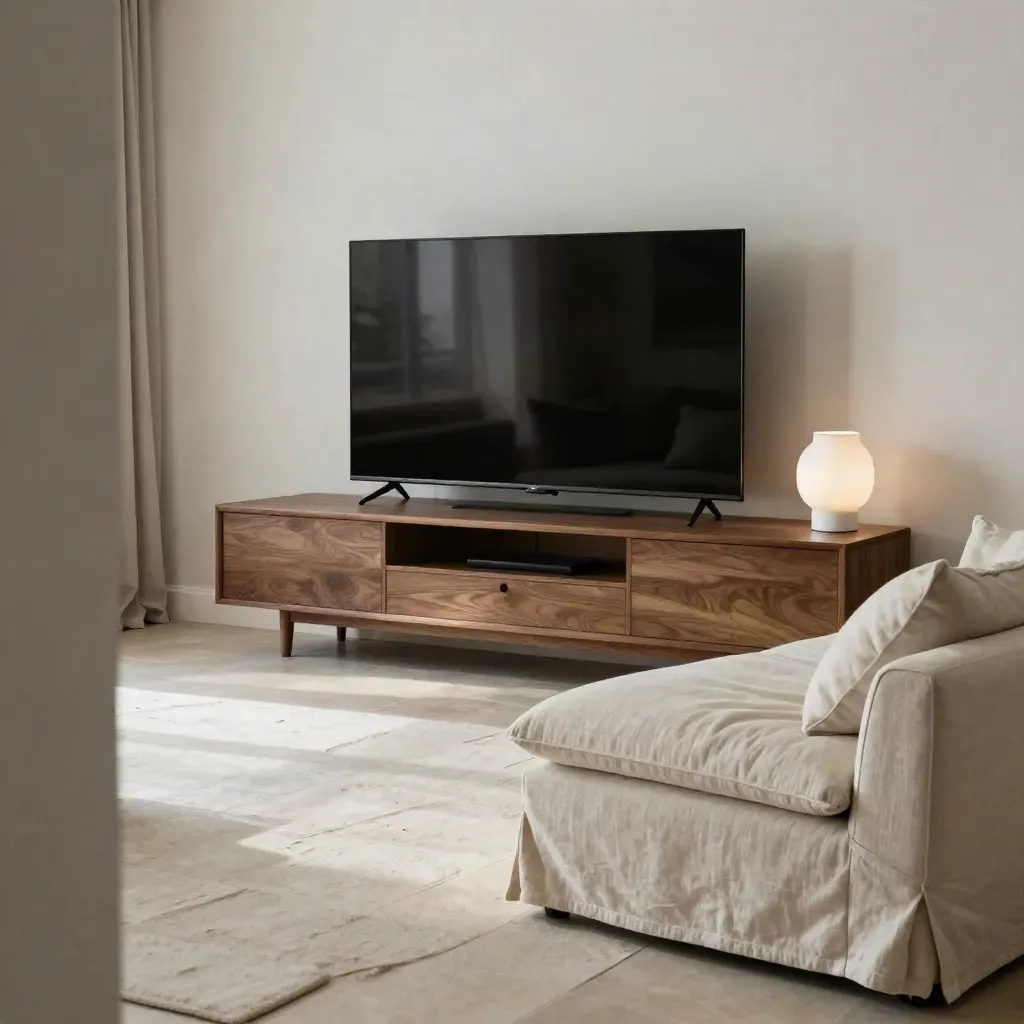 Soggiorno serale con TV su credenza bassa, cuscini, plaid e lampada soffusa.