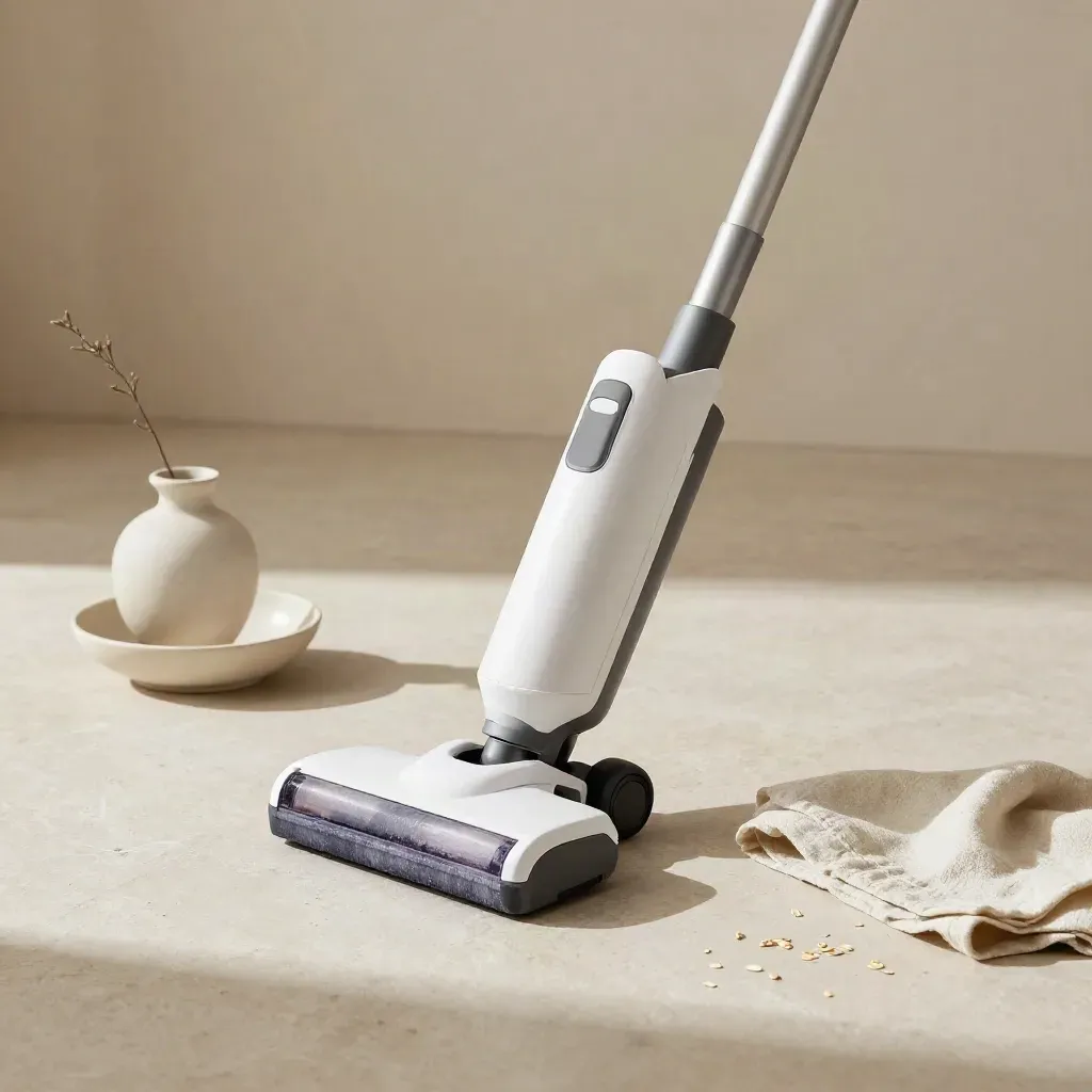 Mini aspirapolvere cordless su pavimento chiaro con panno piegato, vaso e ciotola in ceramica